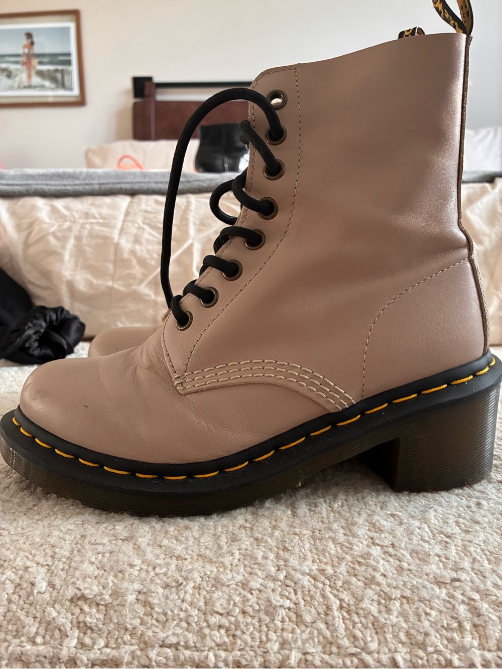 Dr. Martens Taupe Leather Lace-Up Combat Boots with Yellow Stitching